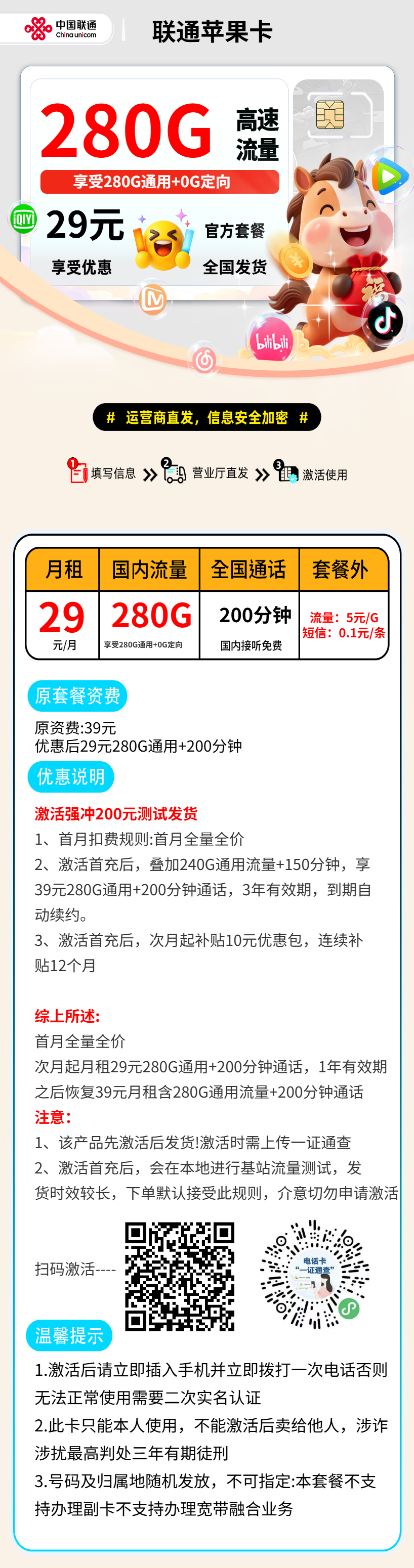 联通苹果卡【激活测试发货】 资费详情