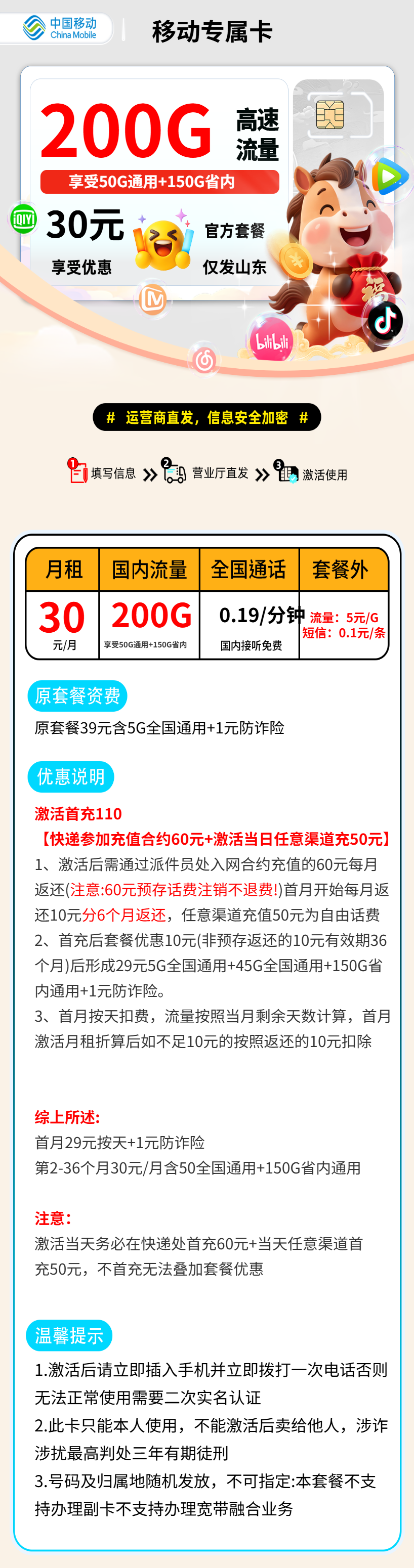 山东移动专属卡【山东省内】 资费详情