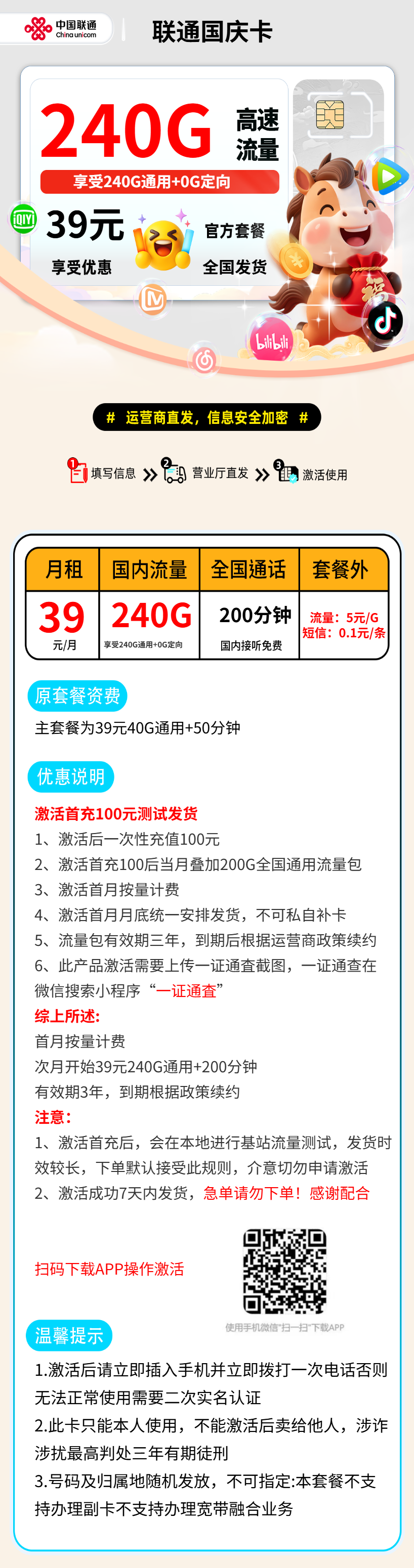 联通国庆卡【激活测试发货】 资费详情