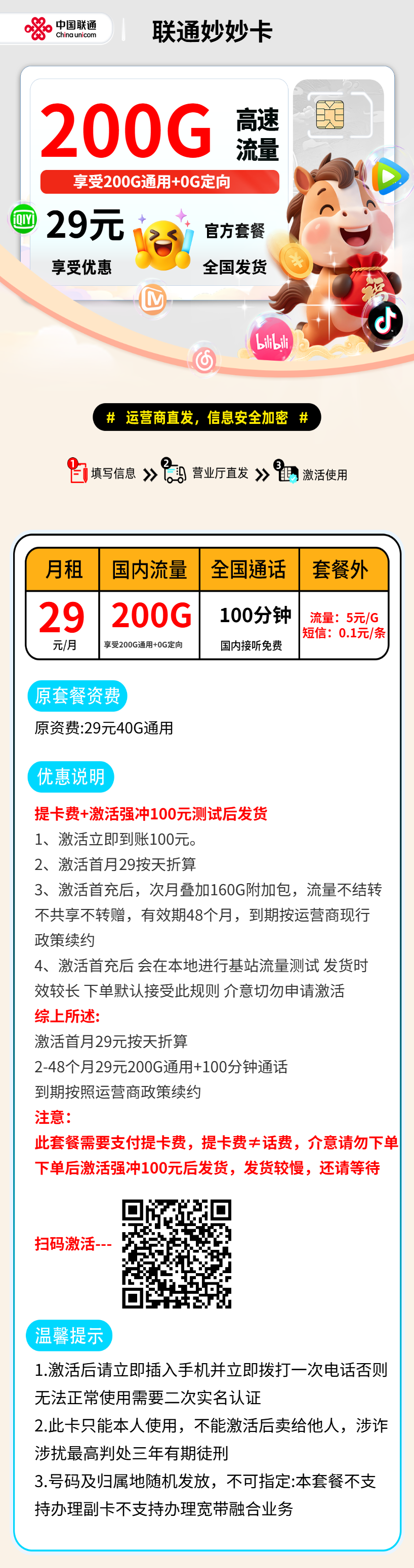 联通妙妙卡【提卡费+激活后发货】【31-60】 资费详情