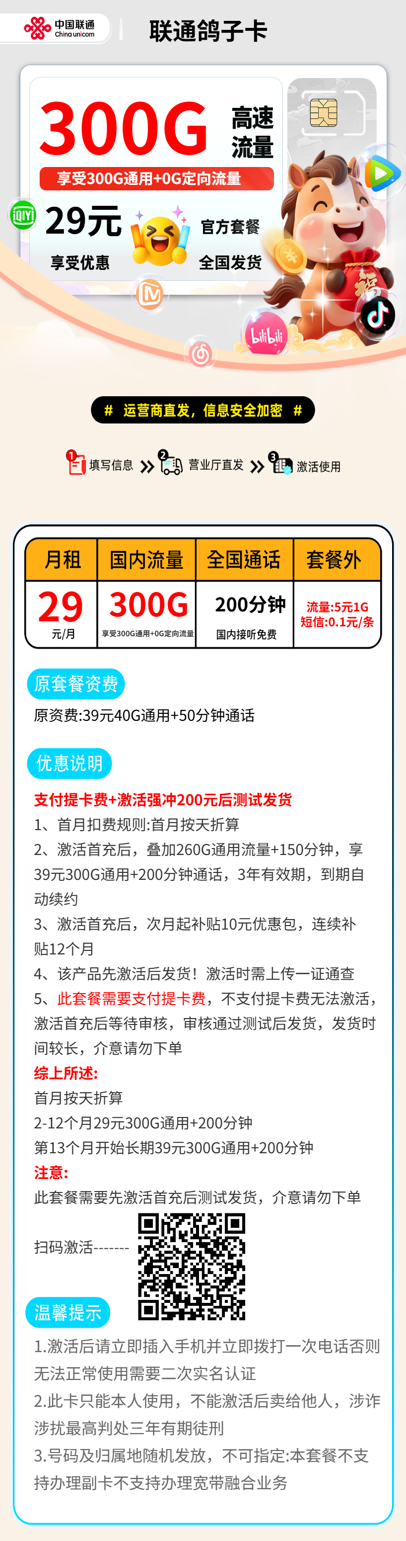 联通鸽子卡【提卡费+激活测试发货】 资费详情