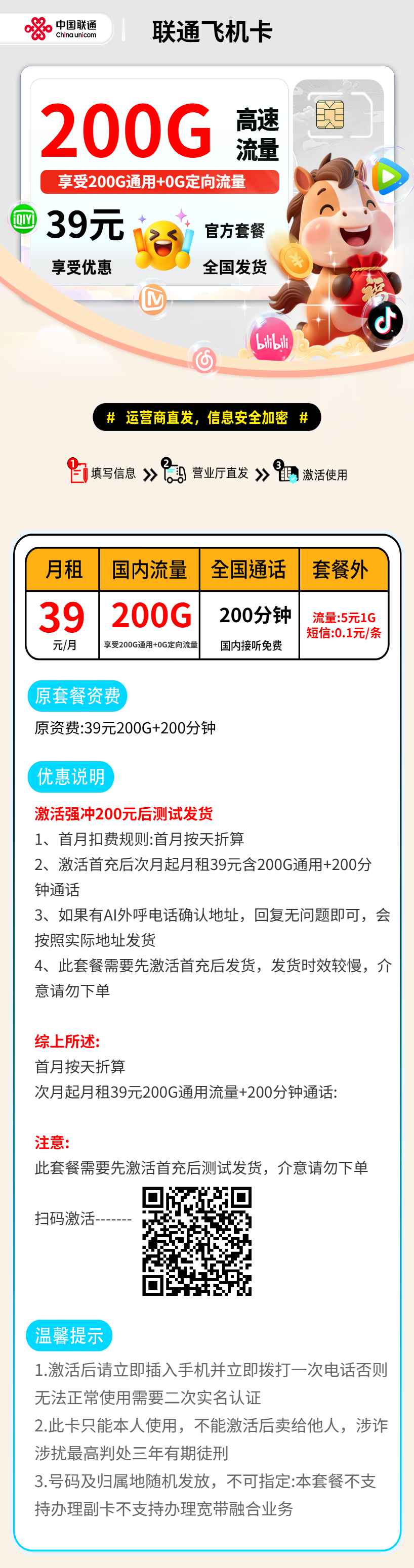 联通飞机卡【激活测试发货】 资费详情