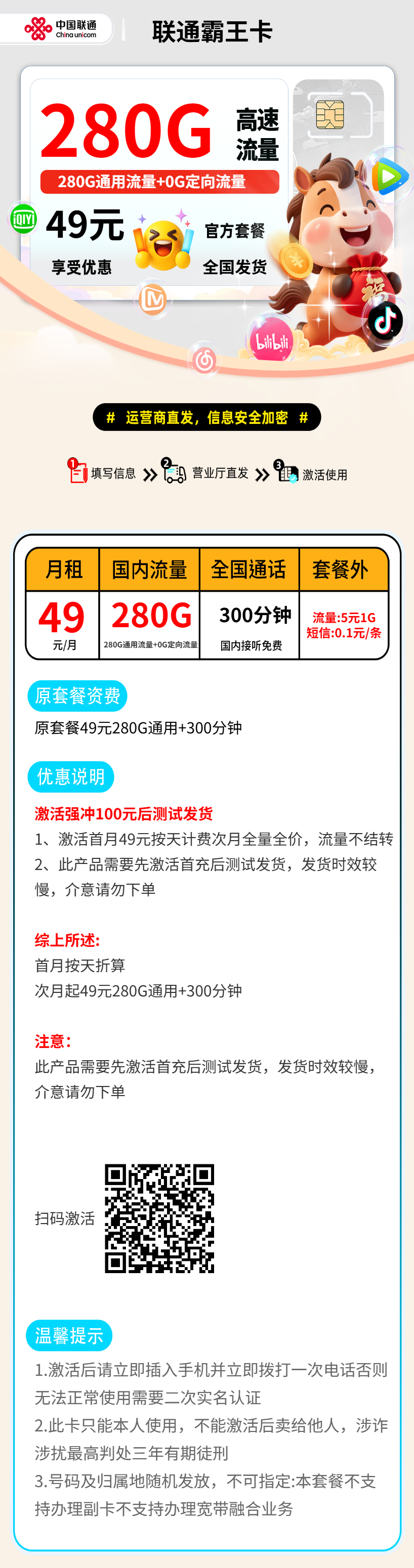 联通霸王卡【全国发货】 资费详情