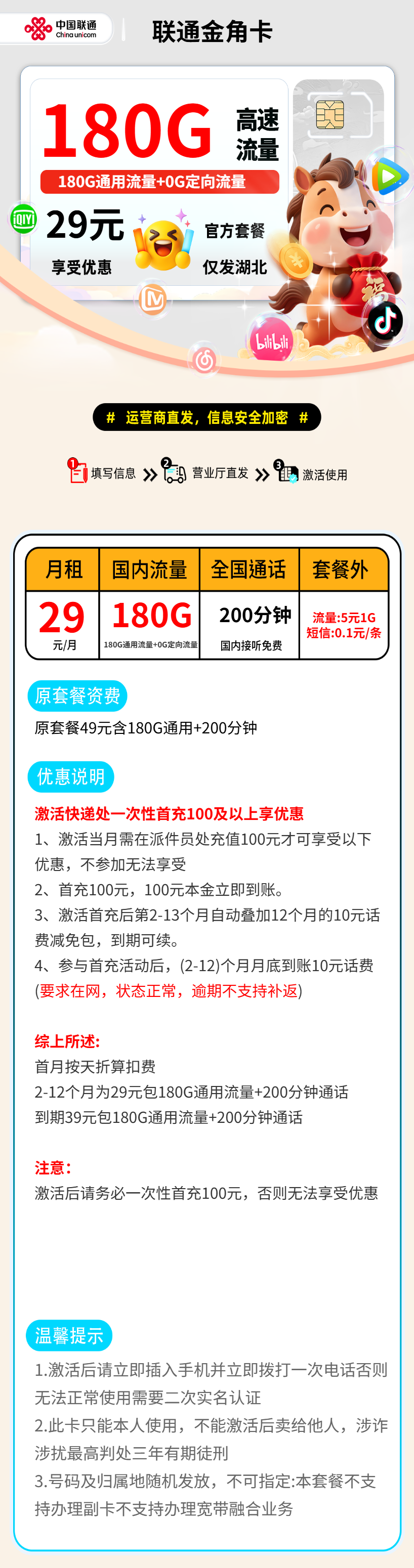 联通金角卡【湖北省内】 资费详情