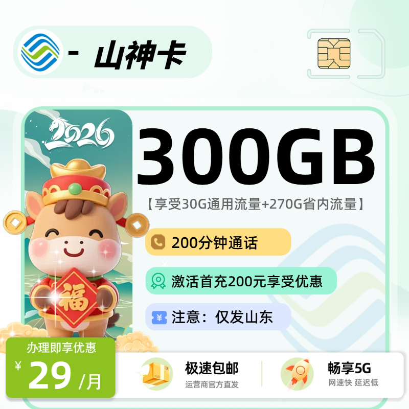 9移动山神卡【山东省内】| 29元月享300G+200分钟通话 | 流量卡哪个最划算2026 , 随时下架!