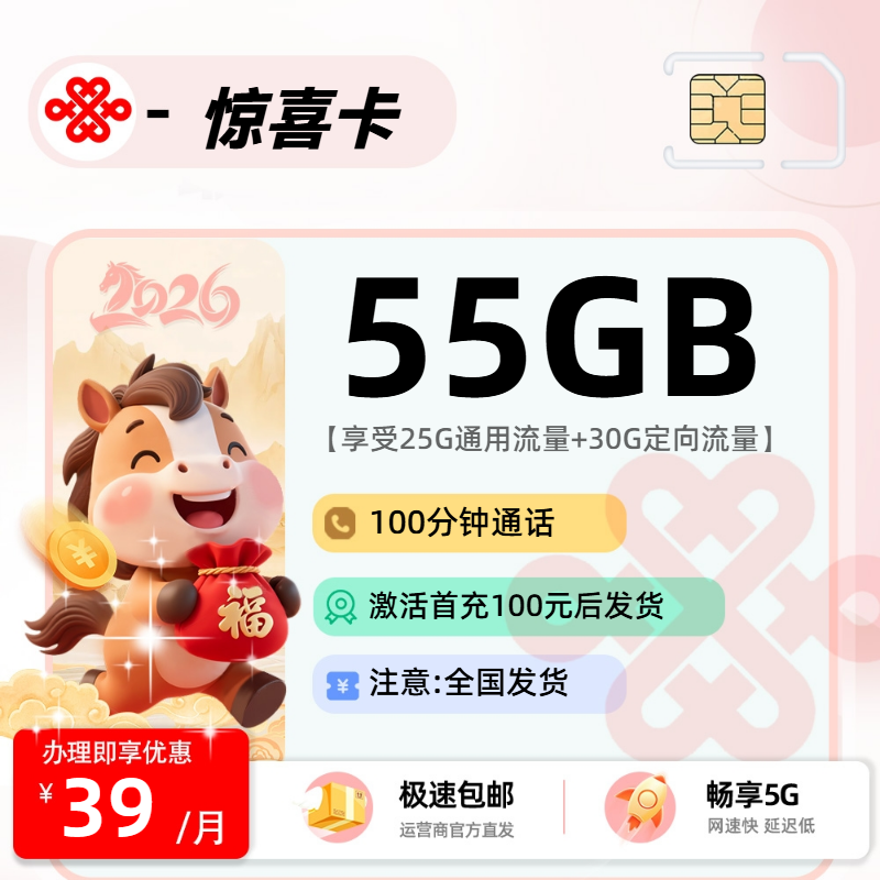 联通惊喜卡 | 39元月享55G流量+100分钟通话