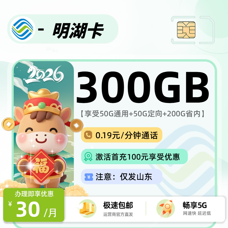 移动明湖卡 | 30元月享300G流量,仅发山东省。