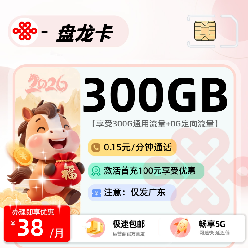 联通盘龙卡 | 38元月享300G流量,仅发广东省。