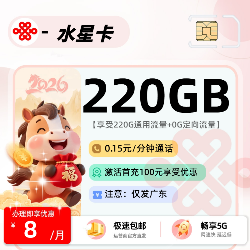 2026年联通流量卡全解析：联通水星卡8元220G通用+0.15元/分钟