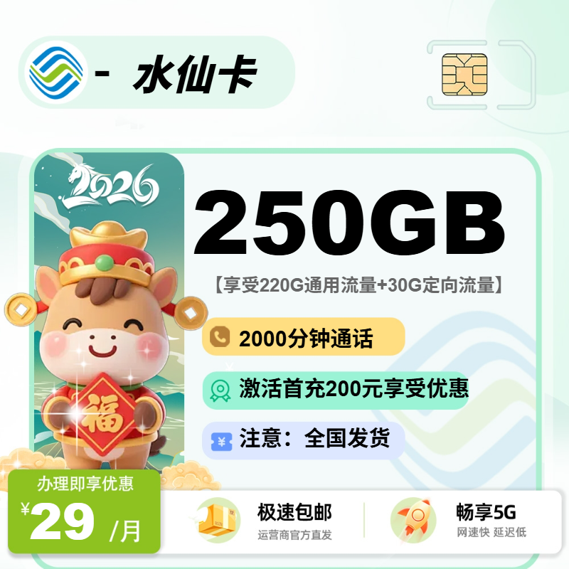 2026年移动流量卡全解析：移动水仙卡29元220G通用+30G定向+2000分钟
